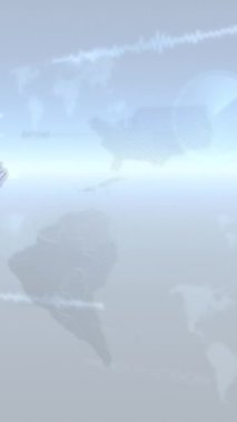 Gri noktaların animasyonu, dönen küre, veri işleme ve gri arkaplanda mavi ışık izleri. Küresel ağ ve iş teknolojisi kavramı