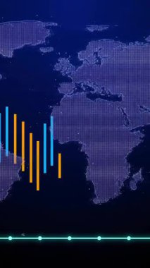 Dünya haritası üzerinden finansal veri grafiği canlandırılıyor. Finans, animasyon, veri görselleştirme, küresel, istatistik, analitik