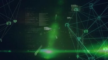 Merkezi yeşil ışının başlatılması sürgülü kod bloklarının veri akışını gösteren ağ grafikleri oluşturmasına neden oluyor. Fütürist, dijital, siber, soyut, bağlantı, teknoloji, şematik