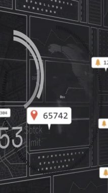 Konum işaretlerini ve sayısal veri noktalarını gösteren dijital haritanın animasyonu. Teknoloji, GPS, navigasyon, analitik, görselleştirme, ağ