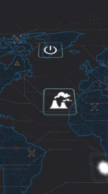 Dijital ağ animasyonunu kaplayan enerji ve teknoloji simgeleriyle dolu bir dünya haritası. yenilik, küreselleşme, bağlantı, sürdürülebilirlik, veri, gelecekçilik