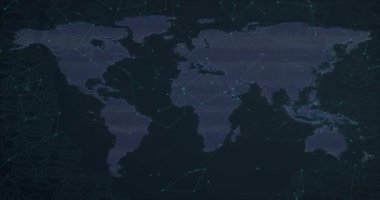 Başlangıç ızgarasında, dünya haritası bağlantıyı gösteren titreşimli akış verilerini bağlayan düğümleri gösteriyor. Soyut, fütürist, minimalist, teknoloji, bağlantı, dijital, yüksek teknoloji