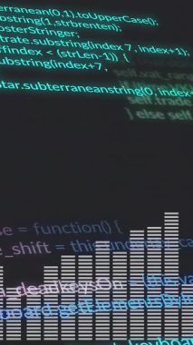 Dijital kod ve bar grafik animasyonu renkli metinlerle koyu arkaplan üzerinde. Teknoloji, fütüristik, soyut, analitik, veri, canlı