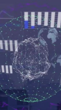 Dünya ve bilgisayar sunucularında dijital veri işleme animasyonu. Dijital olarak oluşturulmuş küresel bağlantılar, hesaplama ve veri işleme kavramı.