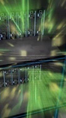 Bilgisayar sunucuları üzerinde devre kartı ve dijital veri işleme animasyonu. Dijital olarak oluşturulmuş küresel bağlantılar, hesaplama ve veri işleme kavramı.