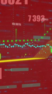 Kırmızı arkaplan üzerinde numaraların ve finansal veri işlemlerinin animasyonu. Küresel iş, bağlantılar, iletişim, dijital arayüz ve dijital olarak oluşturulmuş video işleme kavramı.