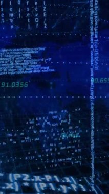 Mavi soyut arkaplan üzerinde dijital kod ve veri işleme animasyonu. Teknoloji, kodlama, siber uzay, fütürist