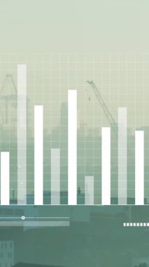 Animation of financial data processing over cityscape. Global business, finances, computing and data processing concept digitally generated video.