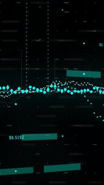 Karanlık arkaplanda dijital veri görselleştirmesi için parlayan noktaların ve çizgilerin animasyonu. Teknoloji, fütüristik, ağ, bağlantı, soyut, model