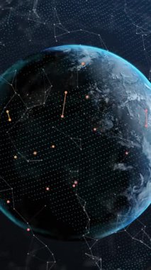 Mavi arka planda dünya üzerinde yüzen bağlantı ağının animasyonu. Küresel ağ ve iş teknolojisi kavramı