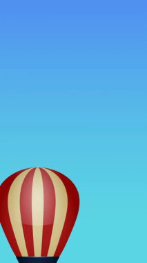 Mavi arka planda uçan sıcak hava balonu animasyonu. parti ve kutlama konsepti dijital olarak oluşturulmuş video.