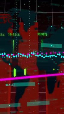 Küresel finansal verilerin görselleştirilmesi, grafiklerle animasyon ve dünya haritası örtüşmesi. Finans, ekonomi, analitik, küreselleşme, veri görselleştirme, istatistik