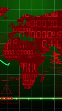 Kırmızı ve yeşil olarak virüs ve kötü amaçlı yazılım uyarılarını gösteren dijital dünya haritasının animasyonu. Siber güvenlik, teknoloji, tehdit, hackleme, internet, küresel