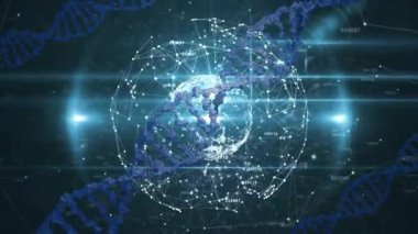 Solan 3D küre, titreşen düğümler ve kodlar DNA sarmalı gibi tüm dünyada veri füzyonunu gösteriyor. Futuristik, dijital, bağlantı, yenilik, teknoloji, soyut, siber