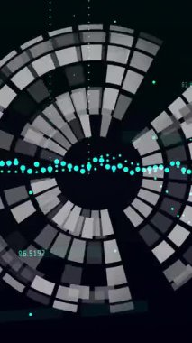 Koyu arkaplan üzerinde sayılar ve noktalar olan dairesel veri canlandırması. Bilgi, analitik, istatistik, grafikler, dijital, teknoloji