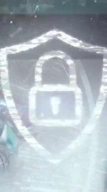 Mavi arka planda veri işleme ve dijital asma kilit animasyonu. Dijital arayüz teknolojisi ve ağ konsepti dijital olarak oluşturuldu.