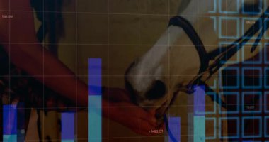 At besleyen kadın, yükselen veri çubukları, ızgara ve grafik izleme, ortaya çıkan harita. Atlar, analitikler, görselleştirme, istikrar, uyum, dijital, pastoral