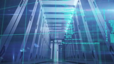 LED 'ler turkuaz ızgarayı çalıştırıyor. Sunucu koridorunu tarıyor. Teknolojik, siber güvenlik, veri, dijital, fütüristik, endüstriyel, yüksek teknoloji