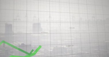 Şehrin ufuk çizgisi üzerinde yer alan şebeke, iki yeşil çizgili ve sayısal işaretler örüyor. Analizler, finans, görselleştirme, veri, teknoloji, dijital, grafik