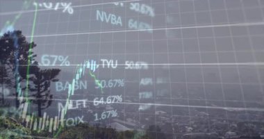 Durakladıktan sonra, sisli şehir manzarasında şeffaf ızgara kayboluyor, piyasa değişimlerini gösteren grafik animasyonları. Kentsel, manzara, görselleştirme, teknoloji, atmosfer, analiz, ilerleme