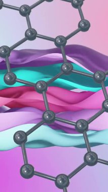 Renkli, dalgalı ve soyut arkaplanda moleküler yapı animasyonu. Bilim, kimya, biyoloji, dijital, geleceksel, teknoloji