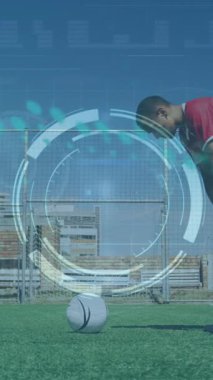 Animation of data processing over rugby players at stadium. Global sports competition and data processing concept digitally generated video.