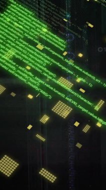 Sunucu odasının üzerinde veri işleme ve bilgisayar devre kartı animasyonu. Küresel teknoloji, bilgisayar ve dijital arayüz kavramı dijital olarak oluşturulmuş video.