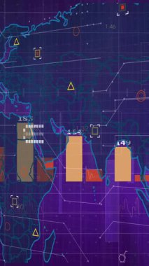 Mor arkaplan animasyonunu kaplayan veri grafikleri ve grafikleriyle dijital harita. Teknoloji, veri görselleştirme, bilgi, analitik, finansal, gösterge paneli