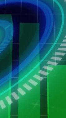 Mor soyut şekillerin dijital animasyonu neon mavi dairelerin üzerinde tuğla duvara karşı. Küresel işletme dijital arayüz ve veri işleme kavramını dijital olarak oluşturur.