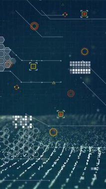 DNA bağlantıları ve siyah arkaplandaki noktaların animasyonu. Teknoloji ve dijital arayüz kavramı dijital olarak oluşturuldu.