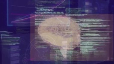 Beyin hologramını başlatan ortaya çıkan panel cisimleşiyor, grafik yükseliyor ve kod akışı verileri gösteriyor. Teknoloji, yenilik, fütürizm, sanal veri, yapay zeka, makine öğrenimi