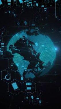 Siyah arka planda tıbbi simgelerin ve kürenin animasyonu. Küresel tıp ve dijital arayüz kavramı dijital olarak oluşturulmuş video.