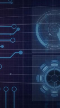 Mikro işlemci bağlantıları, istatistiksel ve borsa veri işleme arayüzlerinin animasyonu. Küresel ekonomi ve iş arayüzü teknolojisi kavramı