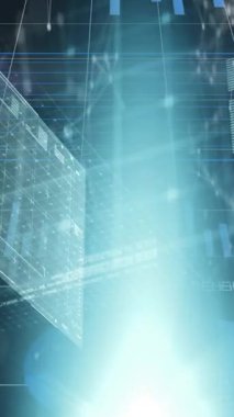 Infographic arayüzün ve lenslerin animasyonu şebeke modeline bağlı noktaların üzerinde parlıyor. Dijital olarak üretilmiş, hologram, rapor, finans, iş dünyası, aydınlanma ve iletişim kavramı.