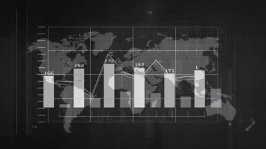 Başlangıç çubukları dünya haritası silueti üzerinde etiketler ve veri güncellemelerini canlandıran satırlar üzerinde kaybolduğunda. Analizler, gösterge paneli, görselleştirme, teknoloji, dijital, içgörü, arayüz