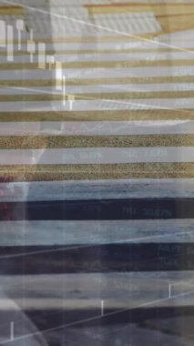 Animation of financial data processing over man walking on street. Global business, finances and digital interface concept digitally generated video.