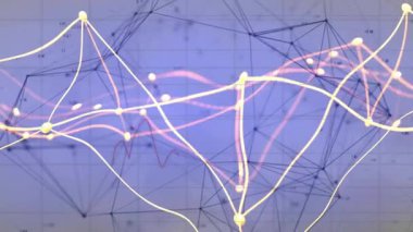 Şebeke yükü sarı eğri sağa doğru süpürüyor, pembe izler titreşiyor ve veri eğilimlerini gösteren düğümler parlıyor. Teknoloji, veri, bağlantı, dijital, görselleştirme, ağ, soyut