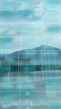 Manzara üzerinde istatistik ve finansal veri işleme animasyonu. Küresel çevre, sürdürülebilirlik, iş, finans ve veri işleme kavramı dijital olarak oluşturulmuş video.