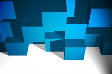 Mavi küpler ve dikdörtgen prizmalar yansıtıcı yüzeyde koyu renk 3D renkle yüzüyorlar. Geometrik, soyut, modern, dijital, fütürist, parlak, minimalist