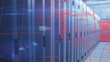 Kırmızı ızgara çizgileri sunucu koridorunu tarıyor, kod yoğunlaştırıyor ve kademeli olarak veri taraması gösteriyor. Siber uzay, dijital, teknoloji, ağ, geleceksel, güvenlik, veri