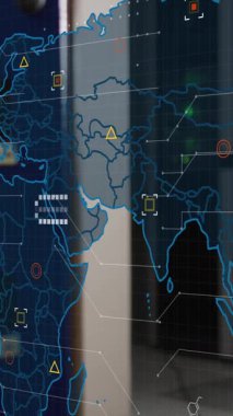 Ofis arkaplanı üzerinde veri noktaları ve ağ bağlantıları olan dünya haritası. Küresel, teknoloji, analitik, iş, dijital, arayüz
