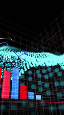 Soyut şebeke üzerinde dijital veri noktaları olan çizgi ve çubuk grafiklerinin animasyonu. analitik, istatistik, teknoloji, görselleştirme, grafik, bilgi