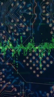 Siyah arka plandaki bilgisayar devre kartından finansal veri işleme animasyonu. Dijital olarak oluşturulan küresel finansman, bilgisayar ve dijital arayüz kavramı.