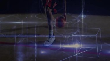 Spotlight, basketbolcunun top yolu açılarını takip eden holografik ölçüler olarak top sürmesini vurguluyor. Sporcu, spor, teknoloji, fütürizm, hareket, analitik, simülasyon