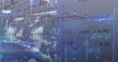 Başlangıçta şehir üzerinde hareket eden kırmızı-beyaz çizgiler, kayan ızgaralar ve pazar eğilimlerini gösteren çubuklar. Finans, analitik, veri görselleştirme, kentsel, teknolojik, modern, iş