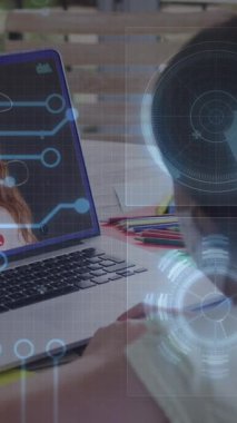 Animation of round scanner and microprocessor connections against girl having a video call on laptop. School and education technology concept