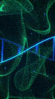 Bilimsel veri animasyonunda DNA ipliği ve ikili kodlama işlemi. Genomik, biyoenformatik, biyoteknoloji, yenilik, analiz, teknoloji