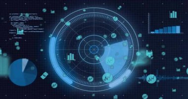 Veri güncellemesinde, merkezi radar grafik işleme girdileri yörüngedeki veri simgeleri ve grafikleri güncellerken. Gelecekçi, analitik, görselleştirme, teknoloji, dijital, arayüz, yüksek teknoloji