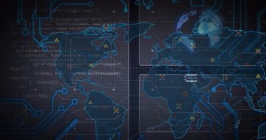 Arkaplan açılışı neon harita çizgilerinin solmasına, kod işaretleyicilerinin ve altıgen kümelerinin veri bağlantılarını canlandırmasına neden oluyor. Teknoloji, bağlantı, veri, görselleştirme, siber uzay, ağ, analitik