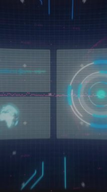Siyah arka plandaki ekranlarda küre, grafik ve veri işleme animasyonları. Küresel iletişim ağı, dijital arayüz ve dijital olarak oluşturulmuş video konsepti.